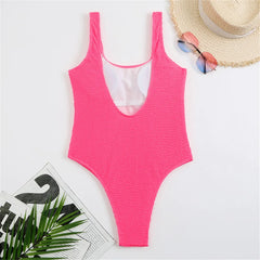 Back view of pink ribbed high-cut one-piece swimwear