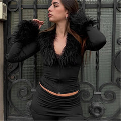 Faux fur trimmed cropped jacket with V-neck and zip front