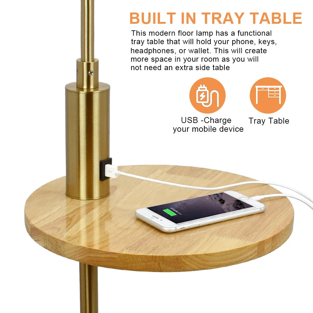 Vertical Gold USB Charging Floor Lamp Pole Floor Light Drum Shade