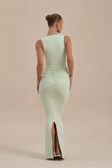 Solid Ruched Deep V-Neck Sleeveless Maxi Dress