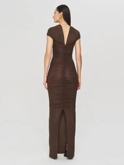 Brown evening gown with a deep neckline on a white background