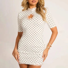 Mock Neck Lace Hollow Out Trim Mini Dress