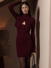 Woman wearing a burgundy ribbed dress with a draped front detail, standing against a neutral background.