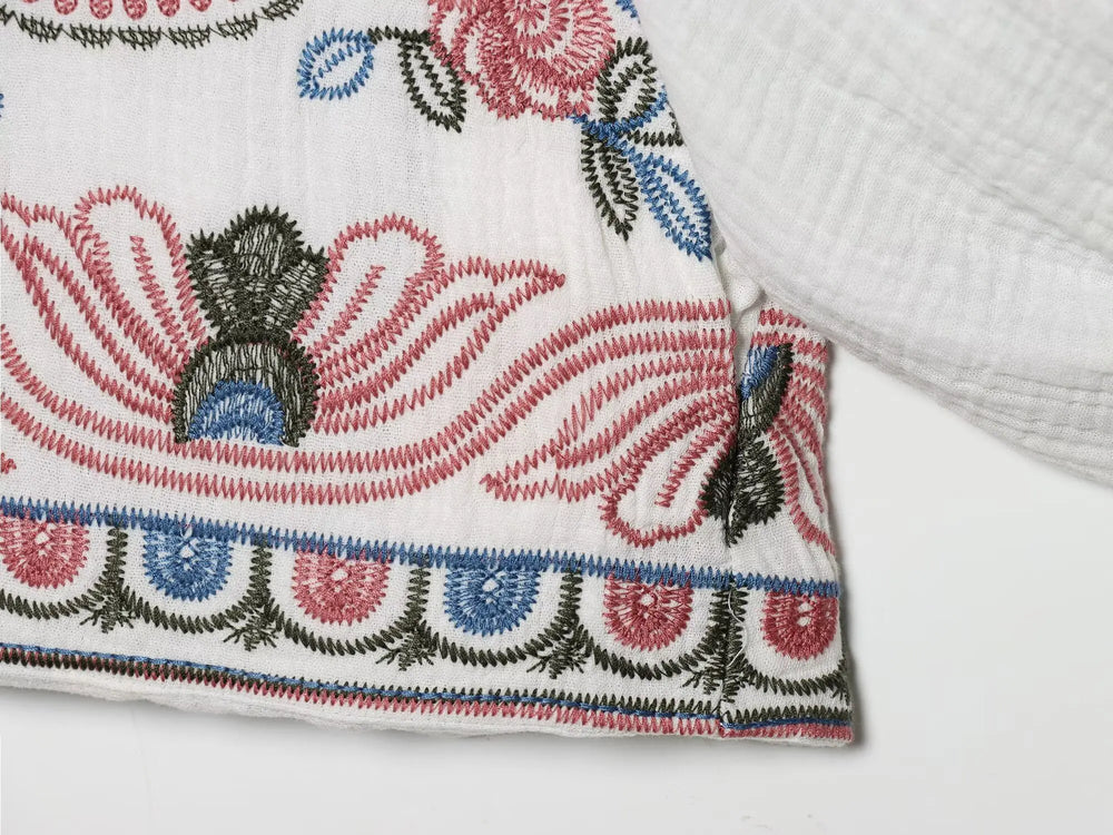 Detail of the sleeve cuff and fabric texture on the white embroidered blouse.