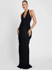 Deep V halter neck drape gown