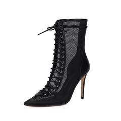 Black lace-up high-heeled boot with mesh side