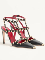 Black riveted square toe stiletto heels