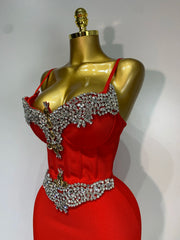 Close-up of Red Strapless V-Neck Crystal Embellished Bodice