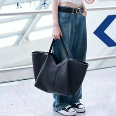 Large Genuine Leather V-Seam Tote Bag – Minimal Luxe Edition