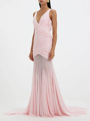 Ruched V-Neck Sheer-Hem Maxi Dress