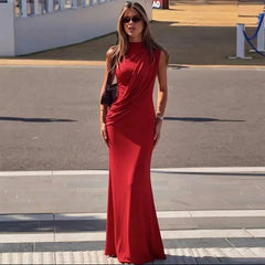 High Neck Draped Ruched Maxi Dress