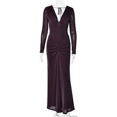 Sequin V-neck Ruched Detail Long Sleeve Maxi Dress