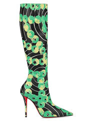 Suede Printed Pointed Knee High Heeled Boots