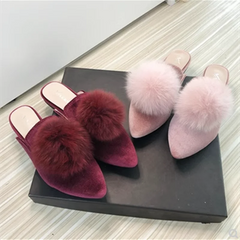 Corduroy Velvet Ball Slides Pointy Toe Shallow Mouth Flats Shoes