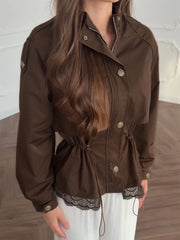 Utility Stand Collar Button Drawstring Peplum Jacket