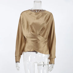 Gold Satin Round Neck Long Sleeve Bandage Design Blouse