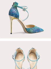 Blue high-heeled shoes with gold accents on a white background