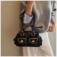 Microfiber Leather Vintage Pocket Satchel – Black & Burgundy