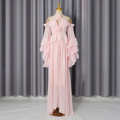 Pink Halter Cold Shoulder Ruffle Top and Maxi Skirt Set
