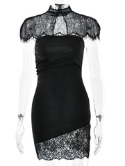 Black Lace Cape Sheer Panel Dress