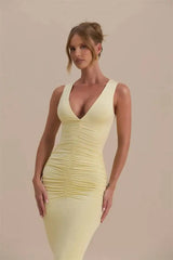 Solid Ruched Deep V-Neck Sleeveless Maxi Dress