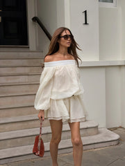 Off-shoulder lantern sleeve mini dress