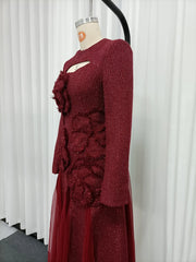 Red Long Sleeve Mesh Sequin 3D Flower Maxi Dress