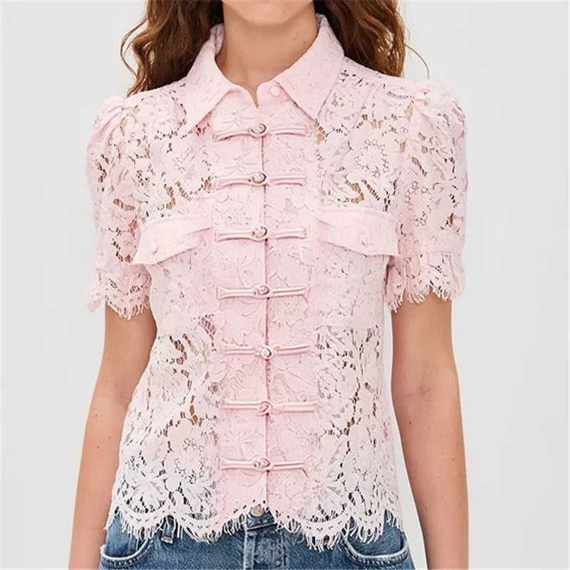 Pink lace mandarin collar frog button puff sleeve shirt