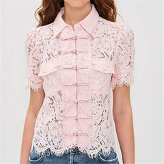 Pink lace mandarin collar frog button puff sleeve shirt