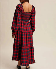 Plaid Square Neck Long Sleeve Maxi Dress