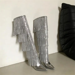 Pointed Toe Metallic Fringe Boots