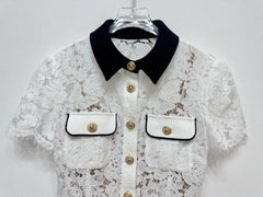 White Lace Short Summer Dress with Black Collar – Embroidered Fit & Flare Pocket Dress