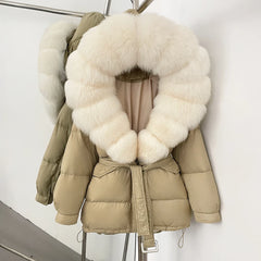 Beige puffer jacket with large fur collar