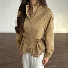 Utility Stand Collar Button Drawstring Peplum Jacket