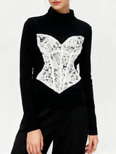Turtleneck Black Long Sleeve Top With White Corset Desgin