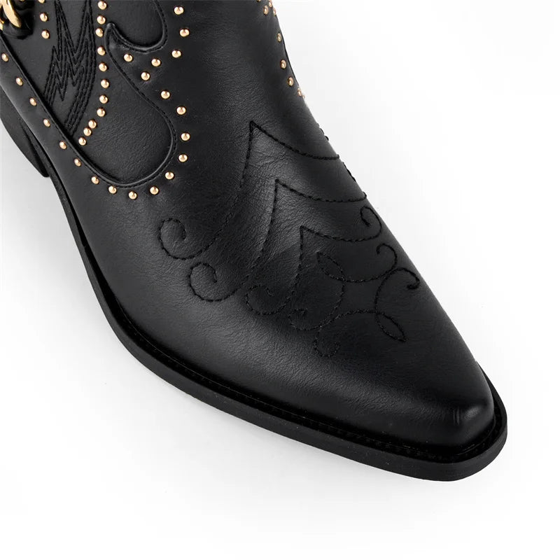 Close-up of pointed toe on black western boots
