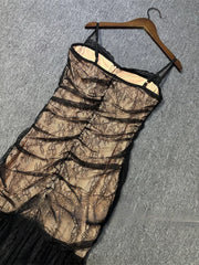 Black Lace Mesh Bodycon Gown with Sheer Overlay