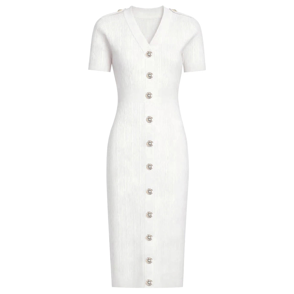 White knit midi dress with silver buttons
