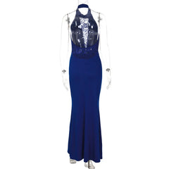 Blue evening gown on a mannequin against a white background