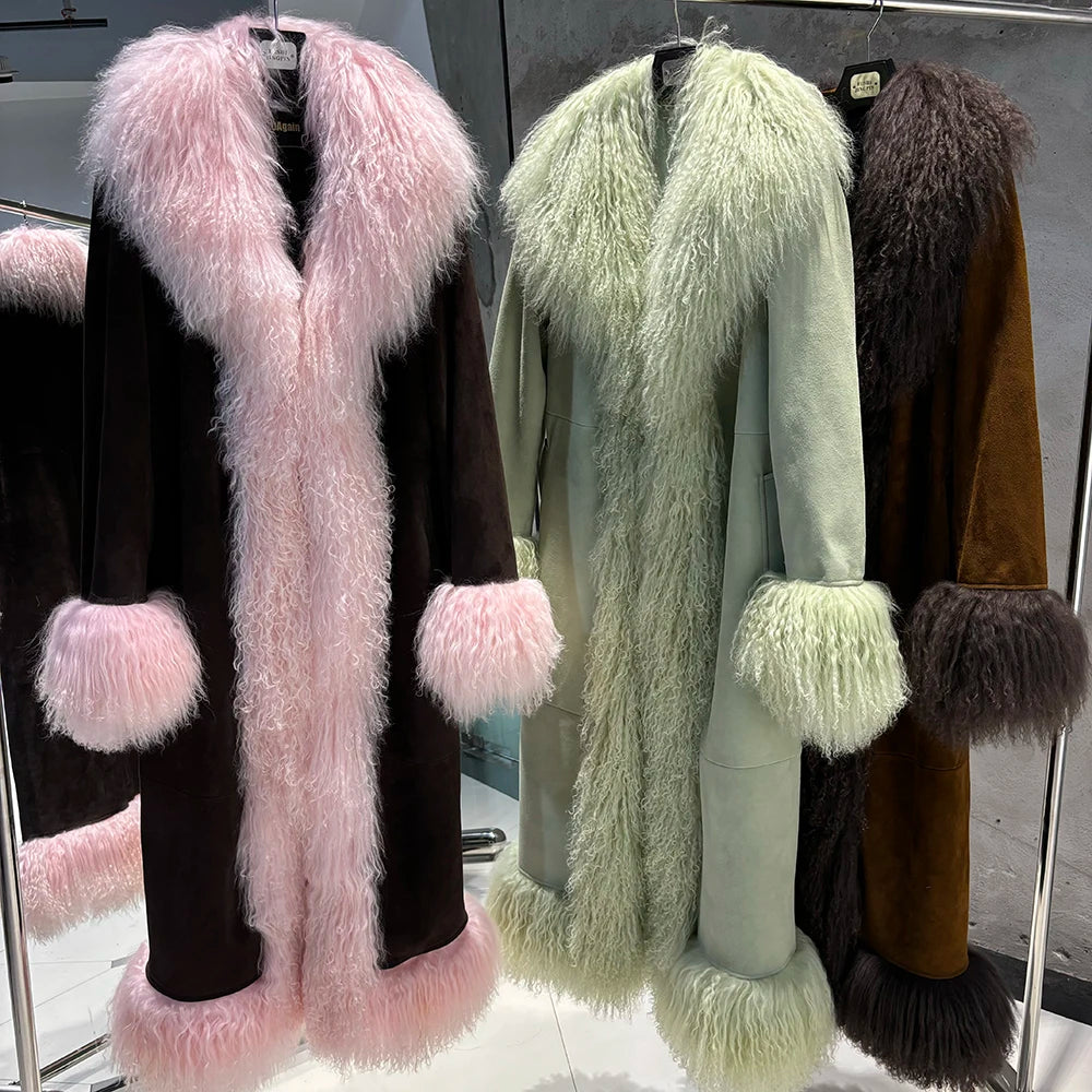 Fur-trimmed coats displayed on hangers against a neutral background