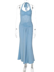 Blue Lace Ruched Front Split Maxi Dress