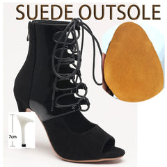 Black high-heeled shoe with suede outsole and additional suede pad on a white background