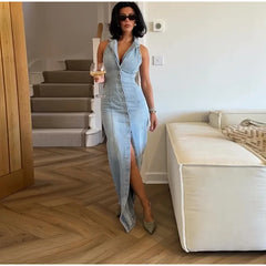 V-neck sleeveless button-front denim maxi dress worn by a model indoors.