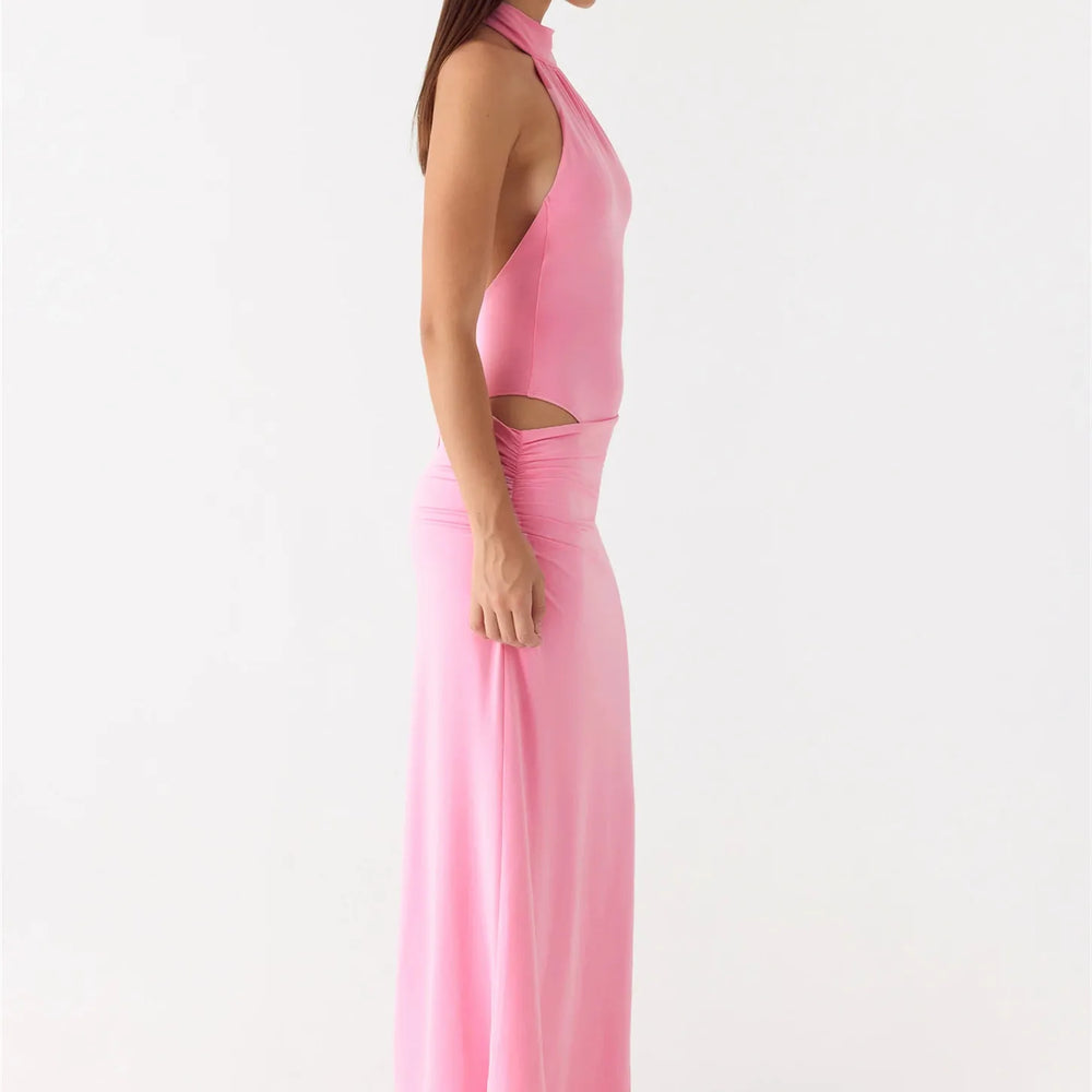 Pink sleeveless dress with cut-out design on a white background