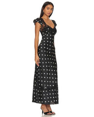 Satin Polka Dot Cap Sleeve Maxi Dress