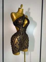 Crystal One Shoulder Mesh Bodycon Mini Dress