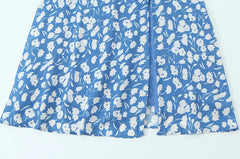 Blue Square Neck Floral Midi Dress with Side Slit