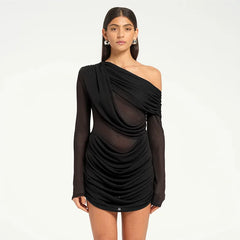 Black Mesh Draped Mini Dress | One-Shoulder Sheer Party Edit