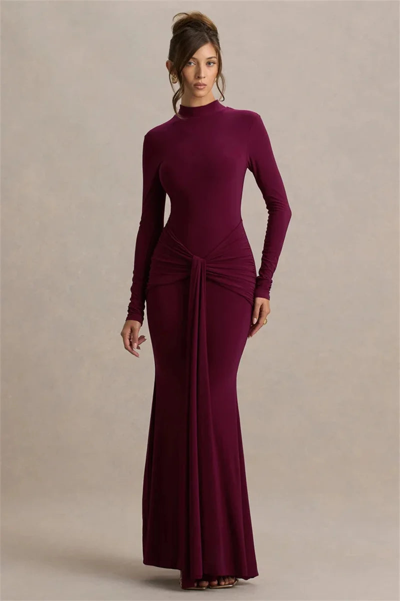 Burgundy Turtleneck Ruched Maxi Dress