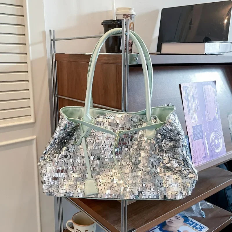 Sequin casual tote bag with light green interior and handles